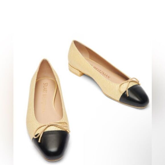 Stuart Weitzman Sleek Bow rounded toe black ballet Flats with natural raffia 8.5 - Picture 4 of 17